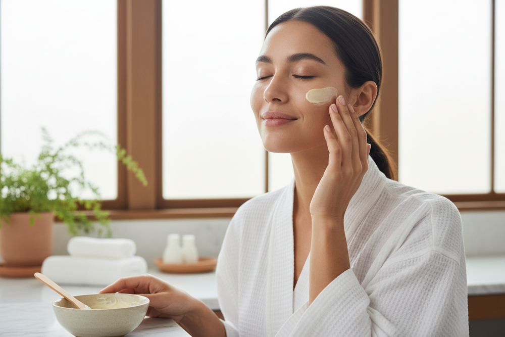 lady using light yellow colored facial cream